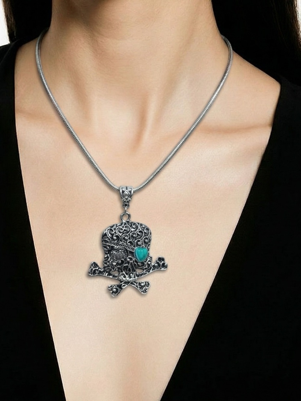 Betsey Johnson Silver Filigree Skull & Crossbones Necklace with Turquoise Accent